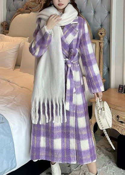 Purple Pockets Plaid Patchwork Long Woolen Coats Winter Rd001