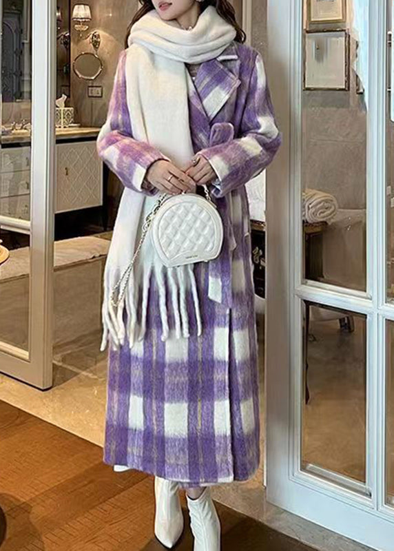 Purple Pockets Plaid Patchwork Long Woolen Coats Winter Rd001