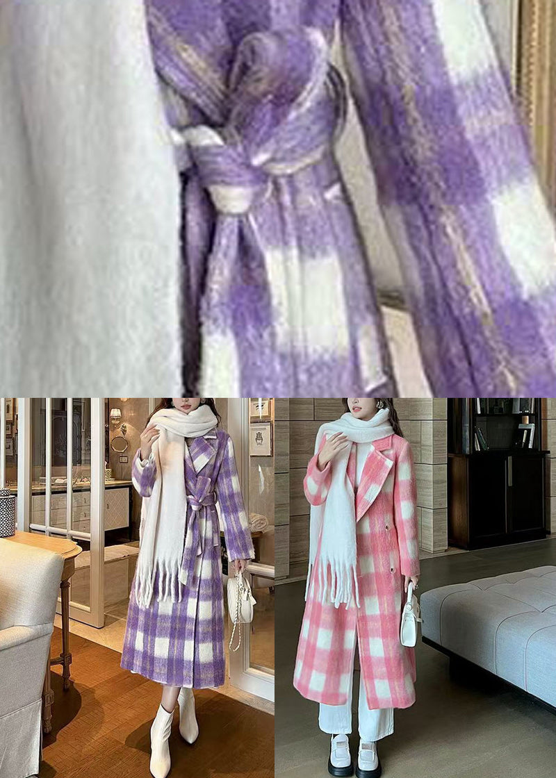 Purple Pockets Plaid Patchwork Long Woolen Coats Winter Rd001