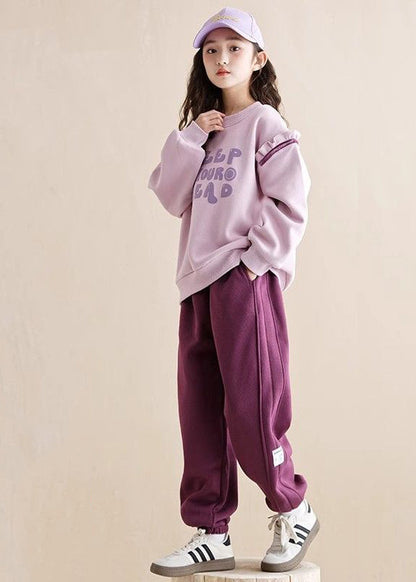 Purple Ruffled Patchwork Kids Warm Fleece Sweatshirt and Beam Pants Two Piece Set Spring Tr010
