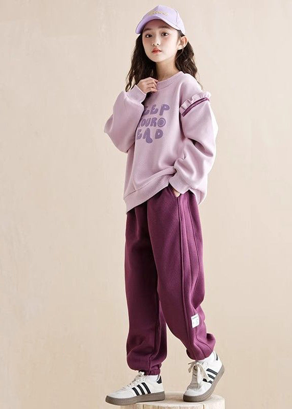 Purple Ruffled Patchwork Kids Warm Fleece Sweatshirt and Beam Pants Two Piece Set Spring Tr010