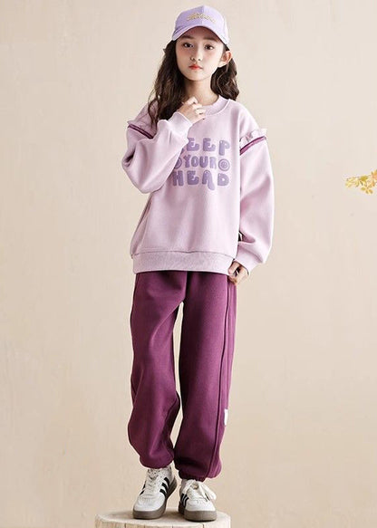 Purple Ruffled Patchwork Kids Warm Fleece Sweatshirt and Beam Pants Two Piece Set Spring Tr010