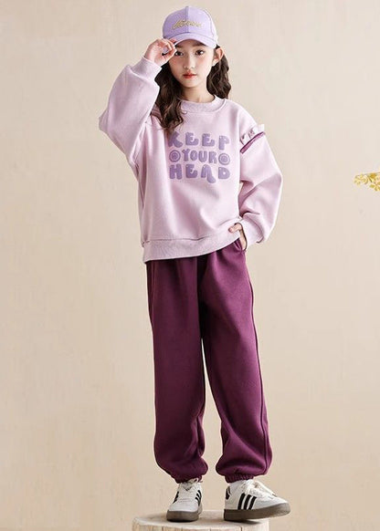 Purple Ruffled Patchwork Kids Warm Fleece Sweatshirt and Beam Pants Two Piece Set Spring Tr010