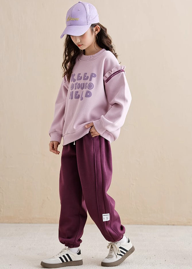 Purple Ruffled Patchwork Kids Warm Fleece Sweatshirt and Beam Pants Two Piece Set Spring Tr010
