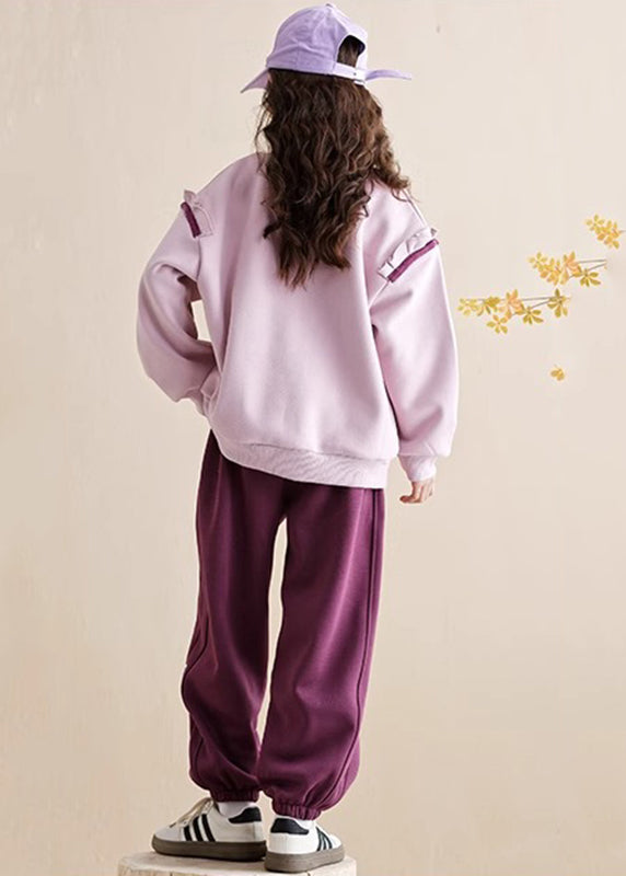 Purple Ruffled Patchwork Kids Warm Fleece Sweatshirt and Beam Pants Two Piece Set Spring Tr010