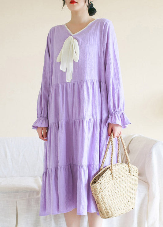 Purple V Neck Patchwork Cotton Maxi Dress Long Sleeve Ti1013
