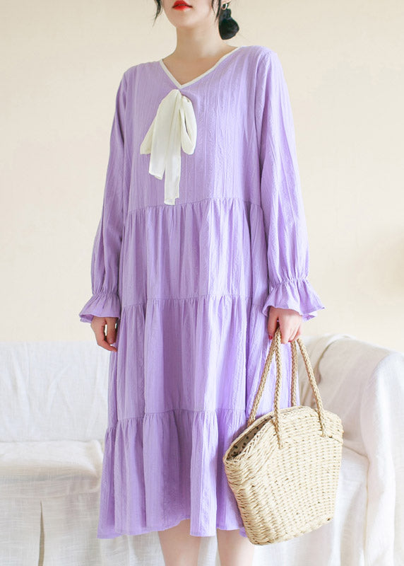 Purple V Neck Patchwork Cotton Maxi Dress Long Sleeve Ti1013