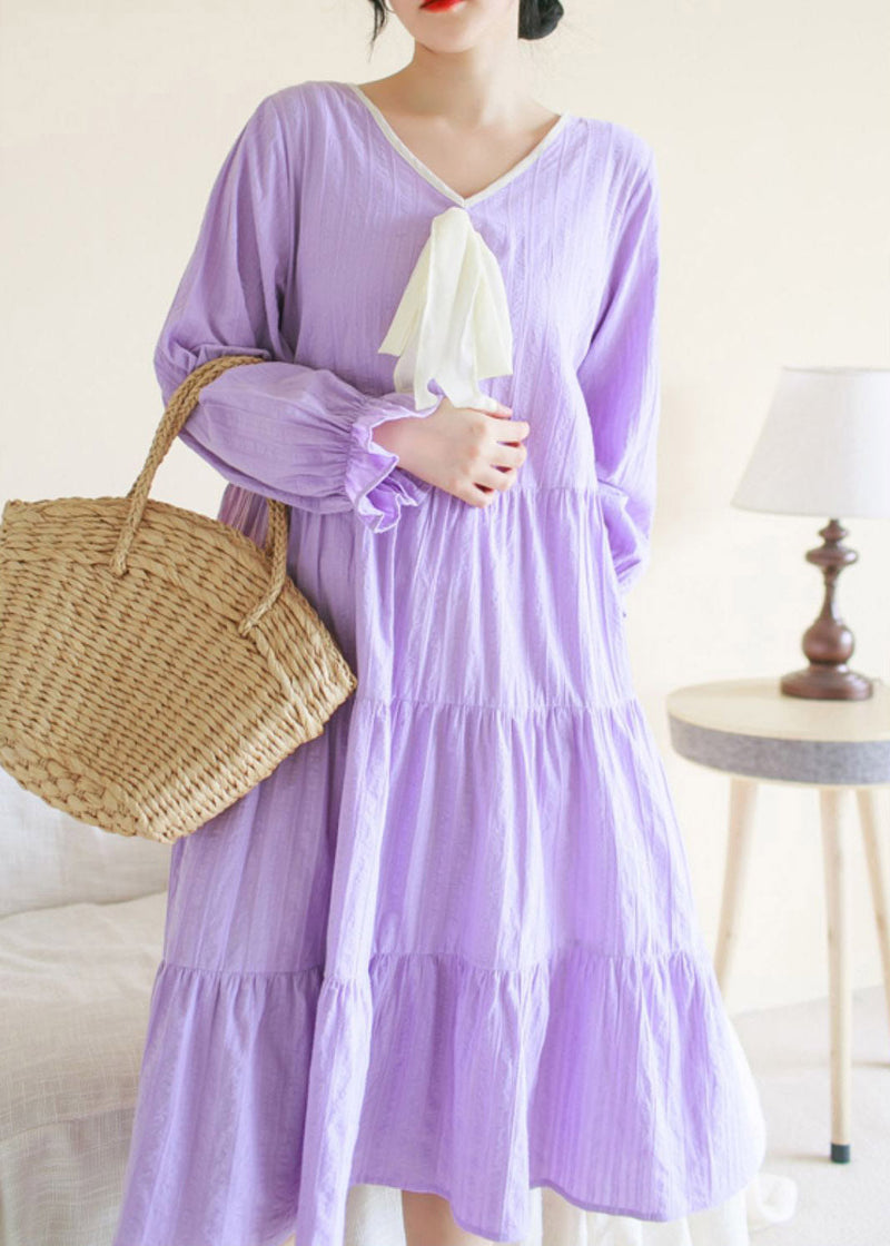 Purple V Neck Patchwork Cotton Maxi Dress Long Sleeve Ti1013