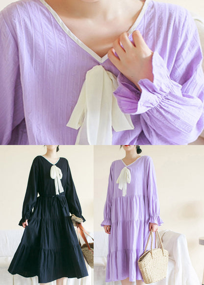 Black Wrinkled Cotton Long Dress Long Sleeve Ti1010