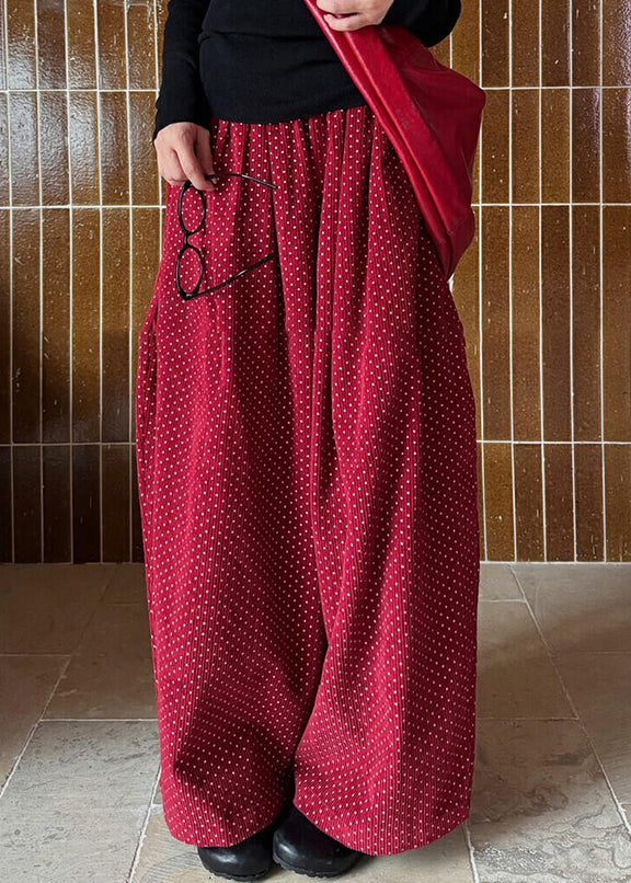 Pants Pockets High Spring Dot Corduroy Wide Red Leg Waist