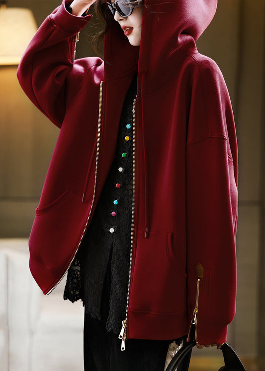 Red Hooded Pockets Zippered Cotton Coats Fall Ql058