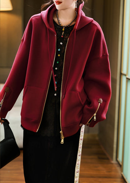 Red Hooded Pockets Zippered Cotton Coats Fall Ql058