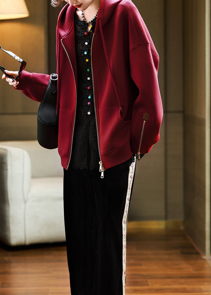 Red Hooded Pockets Zippered Cotton Coats Fall Ql058