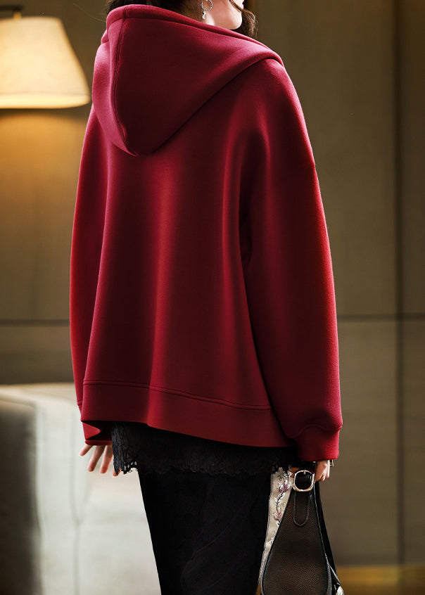 Red Hooded Pockets Zippered Cotton Coats Fall Ql058