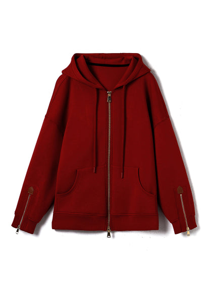 Red Hooded Pockets Zippered Cotton Coats Fall Ql058