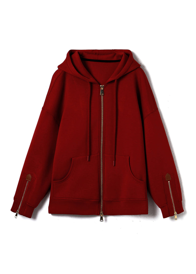 Red Hooded Pockets Zippered Cotton Coats Fall Ql058
