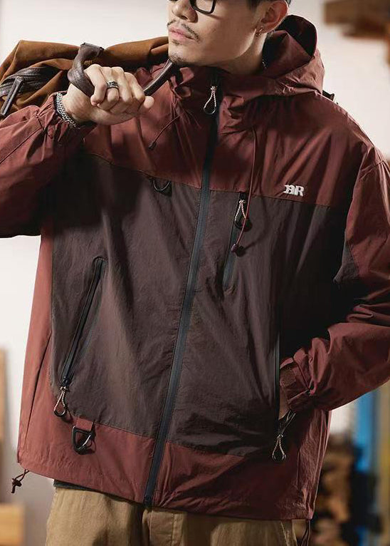 Zippered Spring Red Cotton Patchwork Coat Hooded