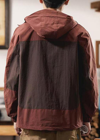 Zippered Spring Red Cotton Patchwork Coat Hooded