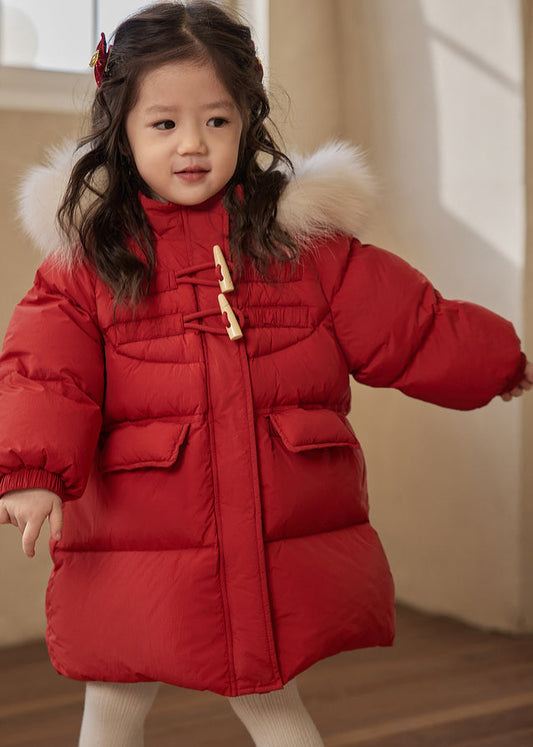 Red Patchwork Pockets Fur Collar Detachable Kids Down Coats Winter Wl014