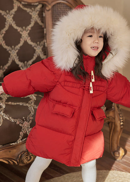 Red Patchwork Pockets Fur Collar Detachable Kids Down Coats Winter Wl014