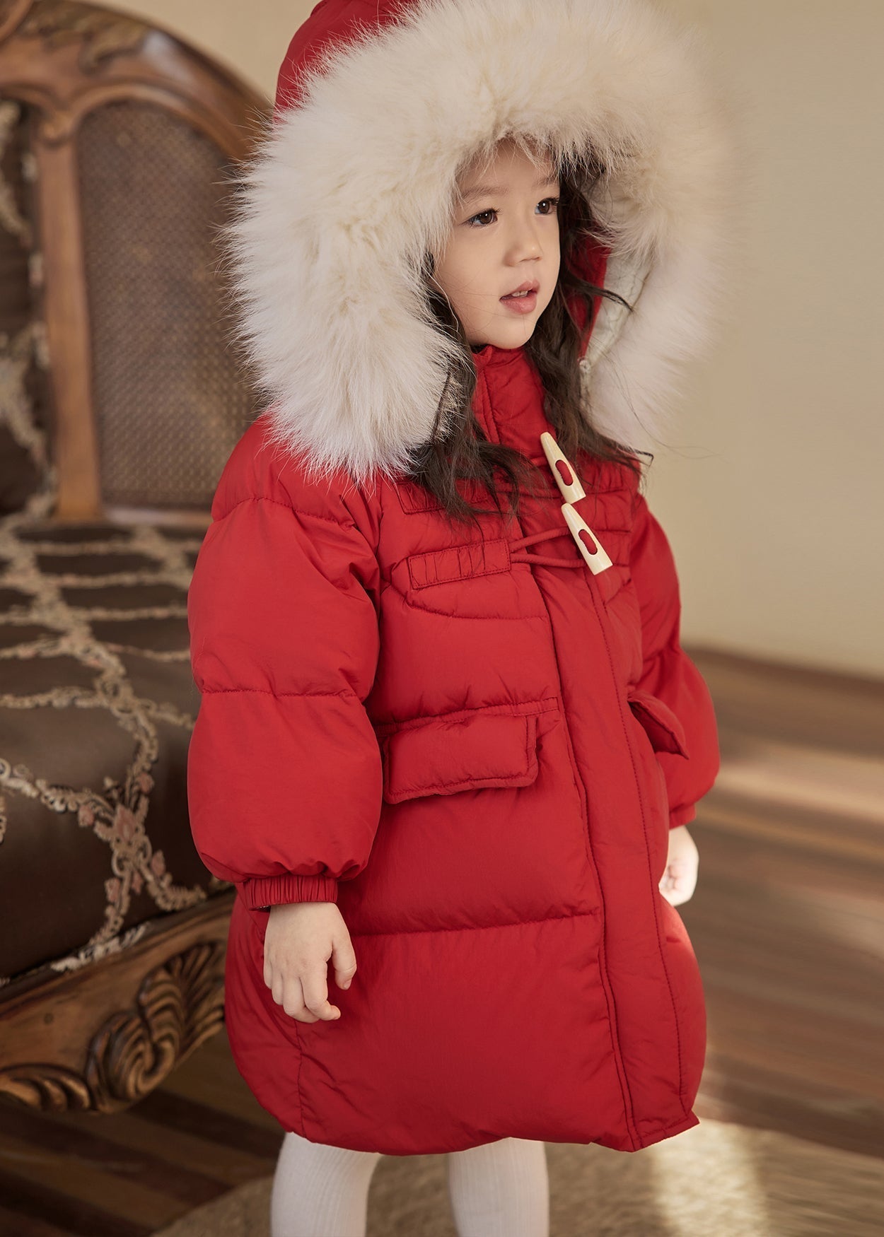 Red Patchwork Pockets Fur Collar Detachable Kids Down Coats Winter Wl014