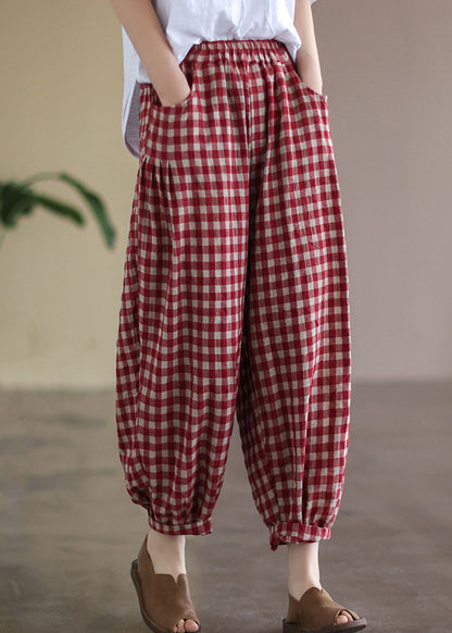 Red Plaid Pockets Elastic Waist Linen Crop Pants Summer Ff010