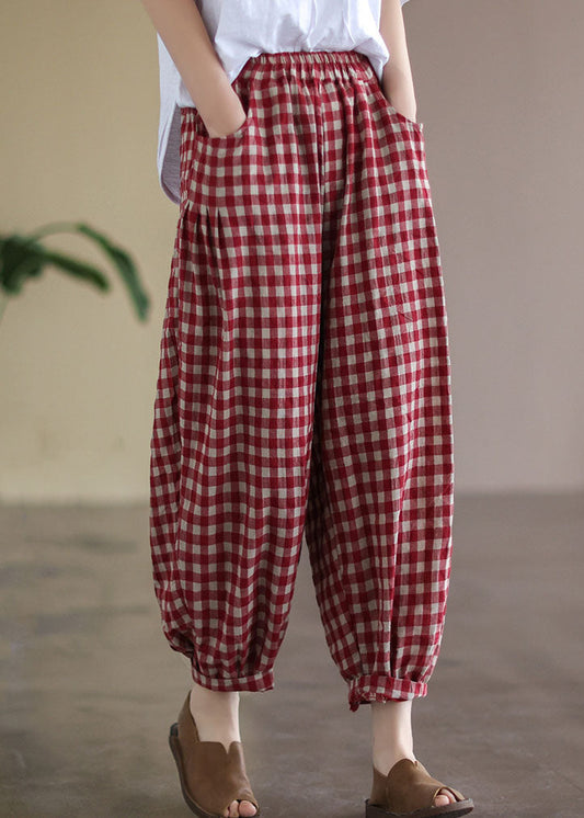 Red Plaid Pockets Elastic Waist Linen Crop Pants Summer Ff010