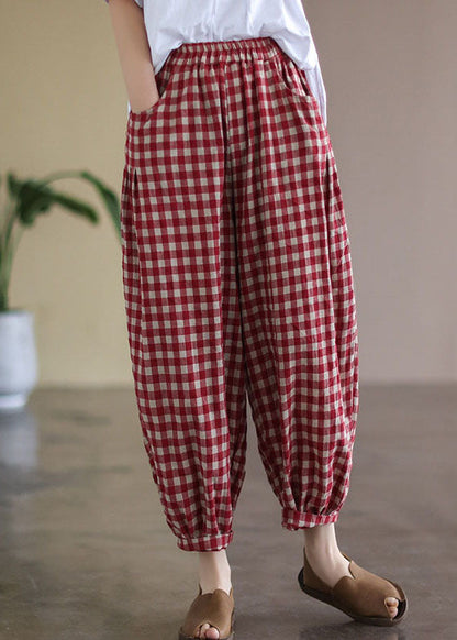 Red Plaid Pockets Elastic Waist Linen Crop Pants Summer Ff010
