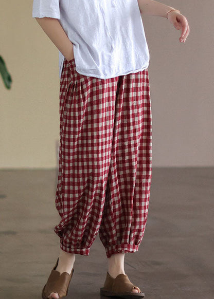 Red Plaid Pockets Elastic Waist Linen Crop Pants Summer Ff010