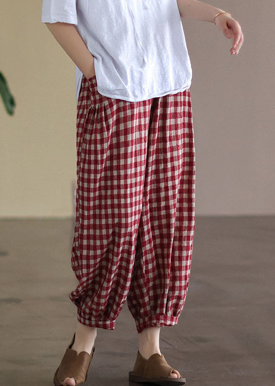 Red Plaid Pockets Elastic Waist Linen Crop Pants Summer Ff010