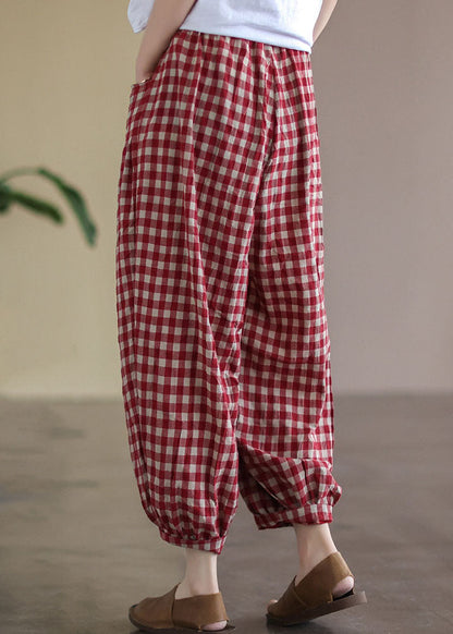 Red Plaid Pockets Elastic Waist Linen Crop Pants Summer Ff010