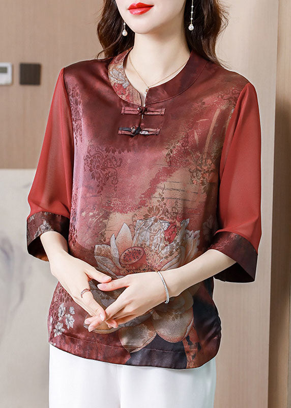 Red Stand Collar Print Patchwork Silk Blouses Summer Ly0431