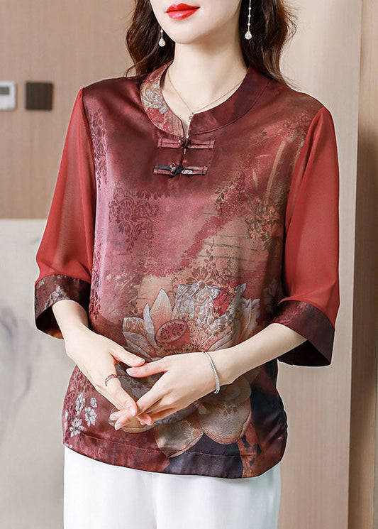 Red Stand Collar Print Patchwork Silk Blouses Summer Ly0431
