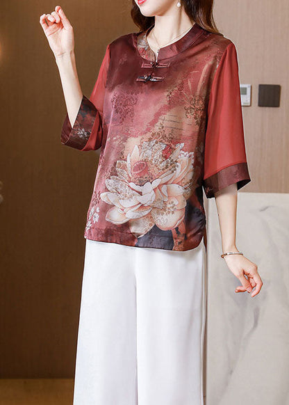 Red Stand Collar Print Patchwork Silk Blouses Summer Ly0431