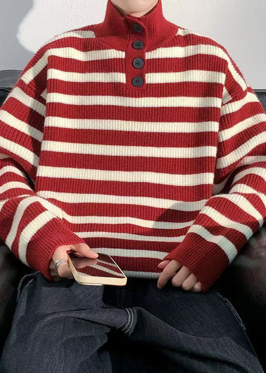 Red Striped Button Knit Sweaters Winter Rj044