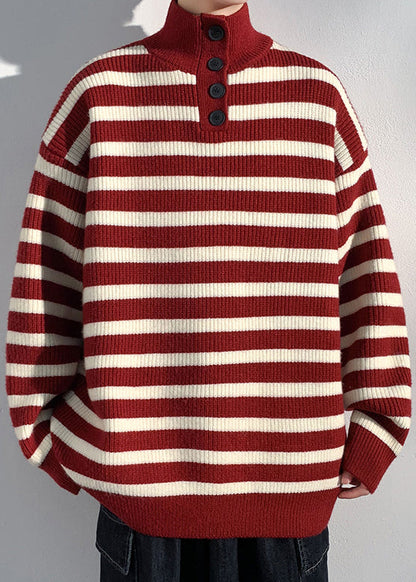 Red Striped Button Knit Sweaters Winter Rj044
