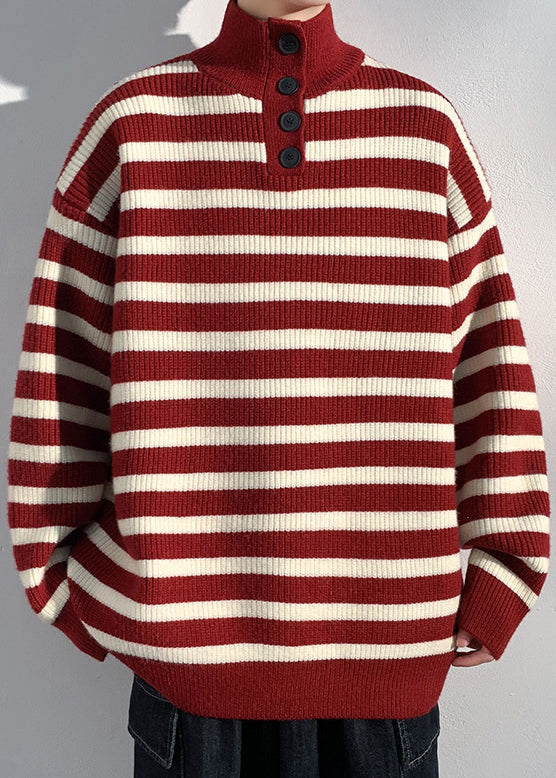 Red Striped Button Knit Sweaters Winter Rj044