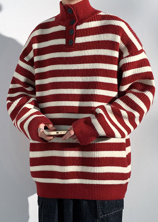 Red Striped Button Knit Sweaters Winter Rj044