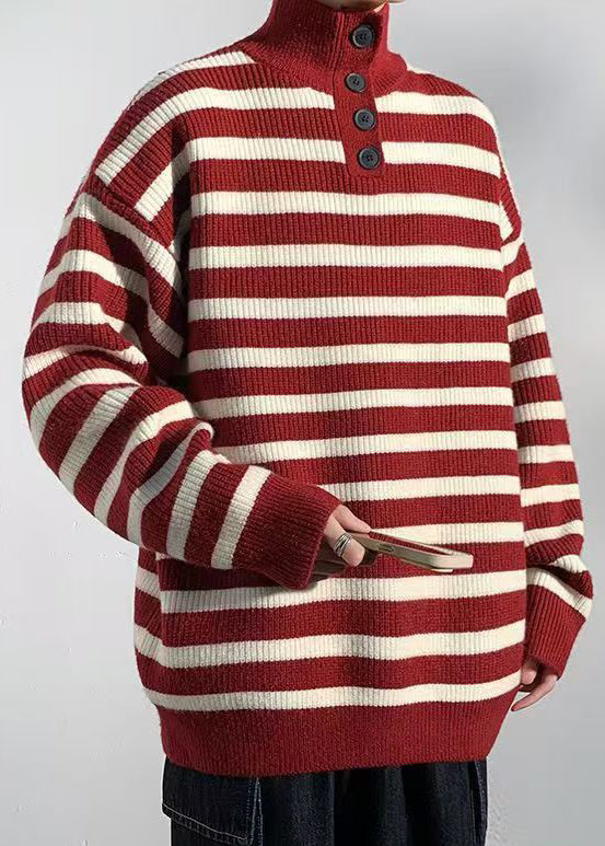 Red Striped Button Knit Sweaters Winter Rj044