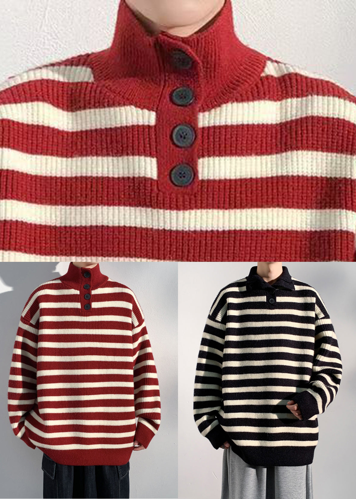 Black Button Knit Sweaters Turtleneck Winter Rj045
