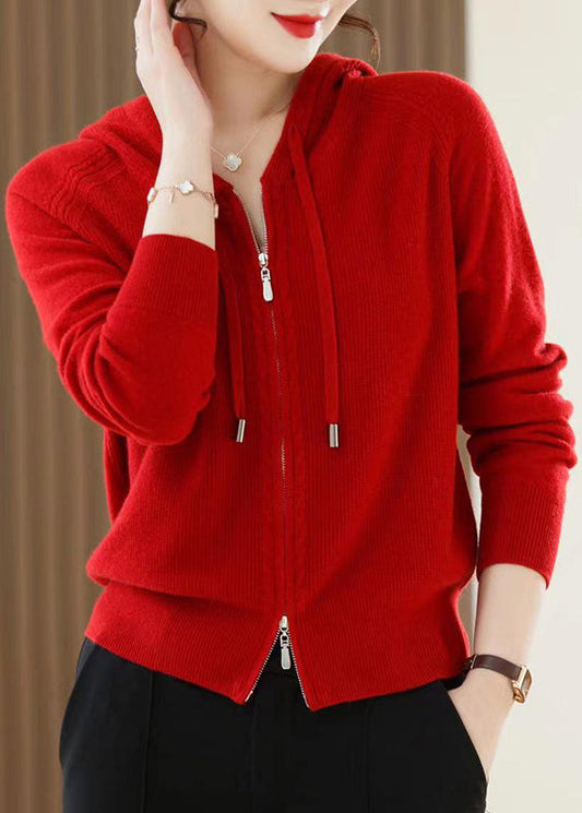 Red Zip Up Wool Knit Hooded Cardigans Spring Yy027
