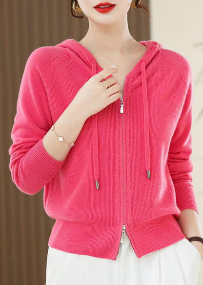 Red Zip Up Wool Knit Hooded Cardigans Spring Yy027