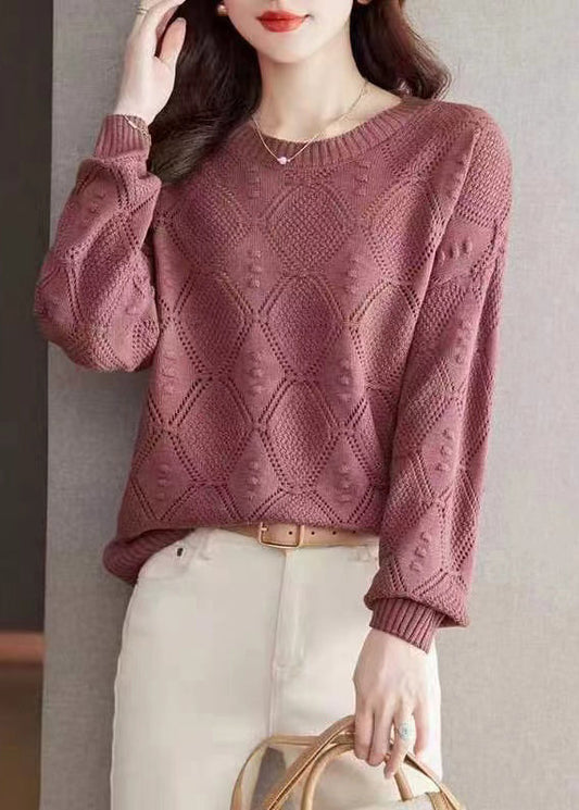 Rose O-neck Hollow Out Cotton Knitted Sweaters Fall Wr046