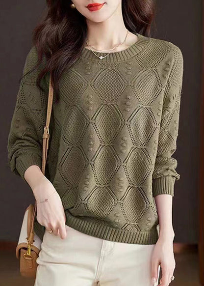 Rose O-neck Hollow Out Cotton Knitted Sweaters Fall Wr046