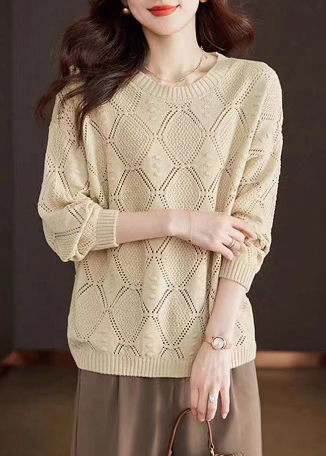 Rose O-neck Hollow Out Cotton Knitted Sweaters Fall Wr046