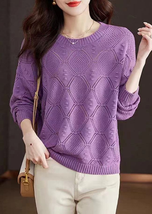 Rose O-neck Hollow Out Cotton Knitted Sweaters Fall Wr046
