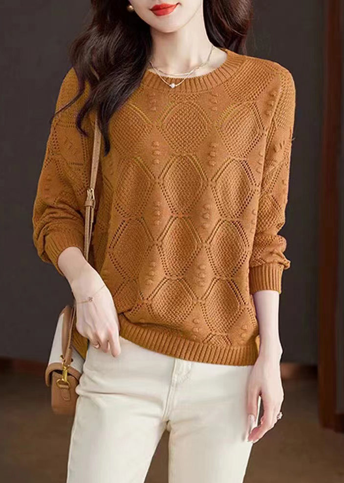 Rose O-neck Hollow Out Cotton Knitted Sweaters Fall Wr046