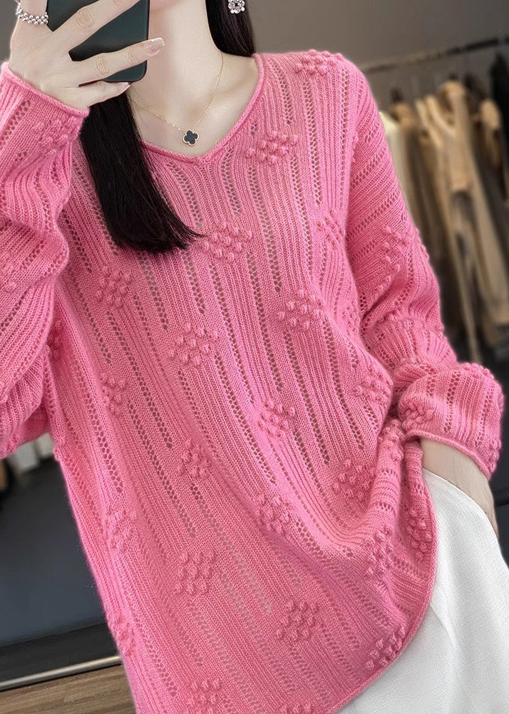 Rose V Neck Hollow Out Cotton Knit Sweaters Fall Qp016