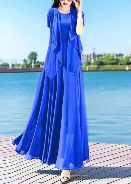 Royalblue O-neck Chiffon Cardigans and Long Dress Two Pieces Set Summer Ly1698