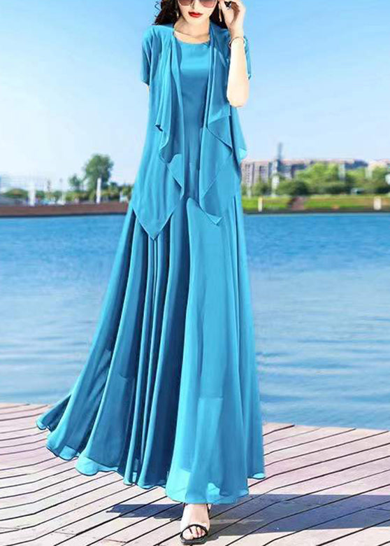 Royalblue O-neck Chiffon Cardigans and Long Dress Two Pieces Set Summer Ly1698